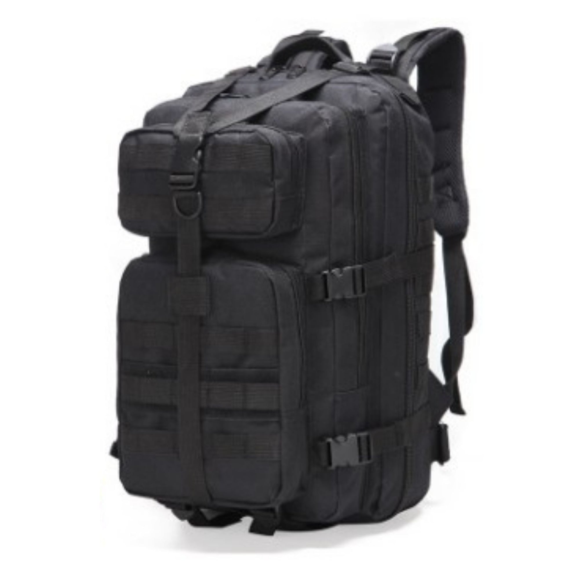 Black fishing tackle backpack with front pockets, buckles, and shoulder strap