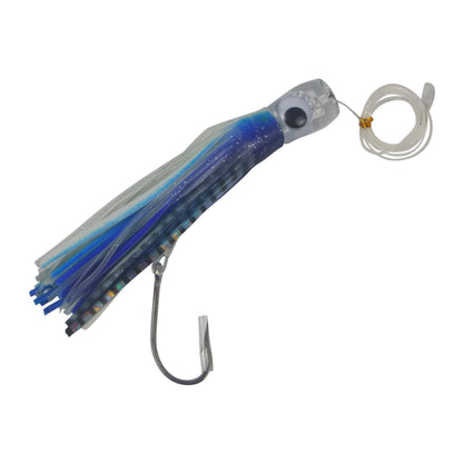 Blue skirted trolling lure with clear bead head, wire leader loop, and J hook