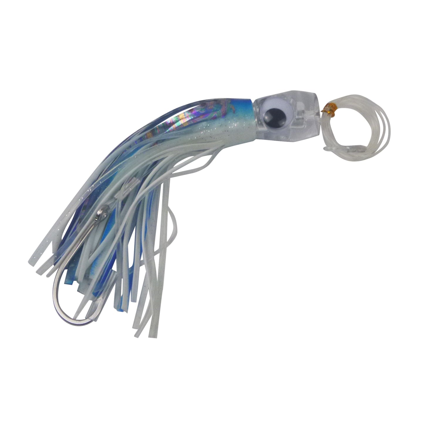 Skirted trolling fishing lure in blue and silver with metal head, looped leader, single hook