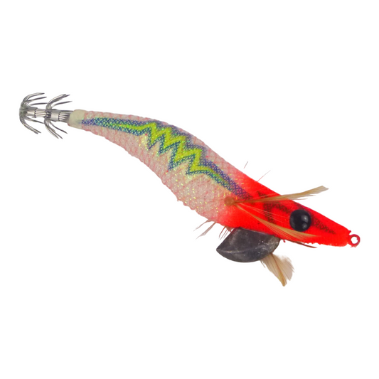 Red squid jig lure with black eye, multicolor zigzag back and tentacle-like skirt