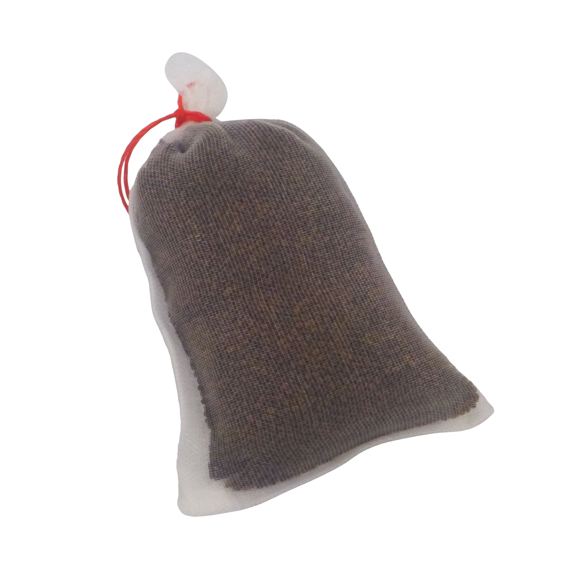 Dark gray fabric soaker bag with red drawstring, filled with bait