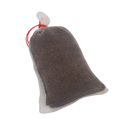 Dark gray fabric soaker bag with red drawstring, filled with bait