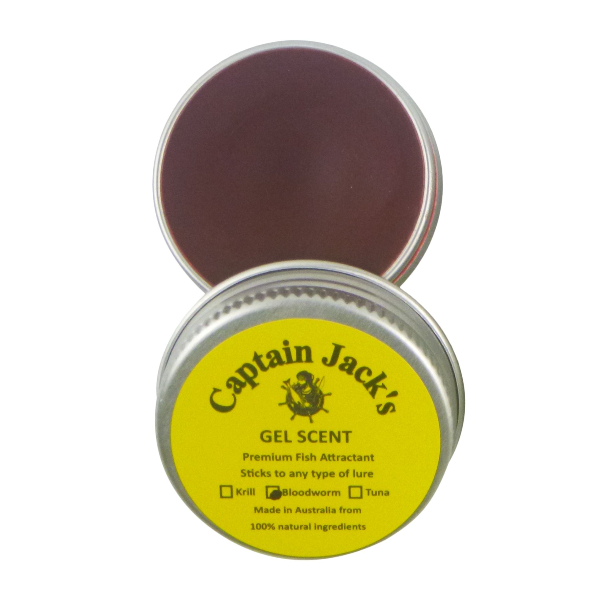 Captain Jack's gel scent fish attractant tin with yellow label and open lid