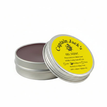Captain Jack's gel scent fish attractant tin, open lid showing yellow label