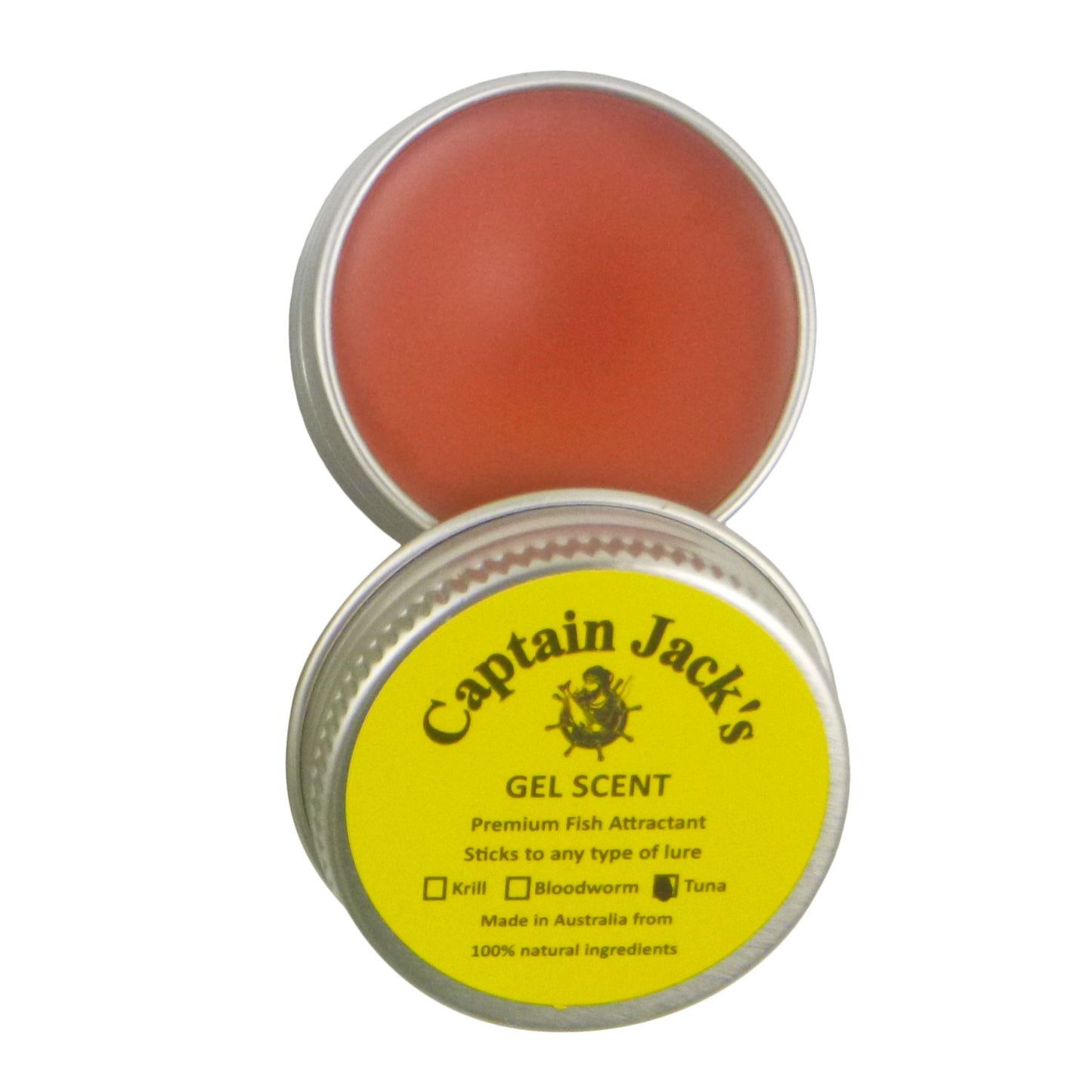 Fishing gel scent tin with red-orange gel and Captain Jack's label