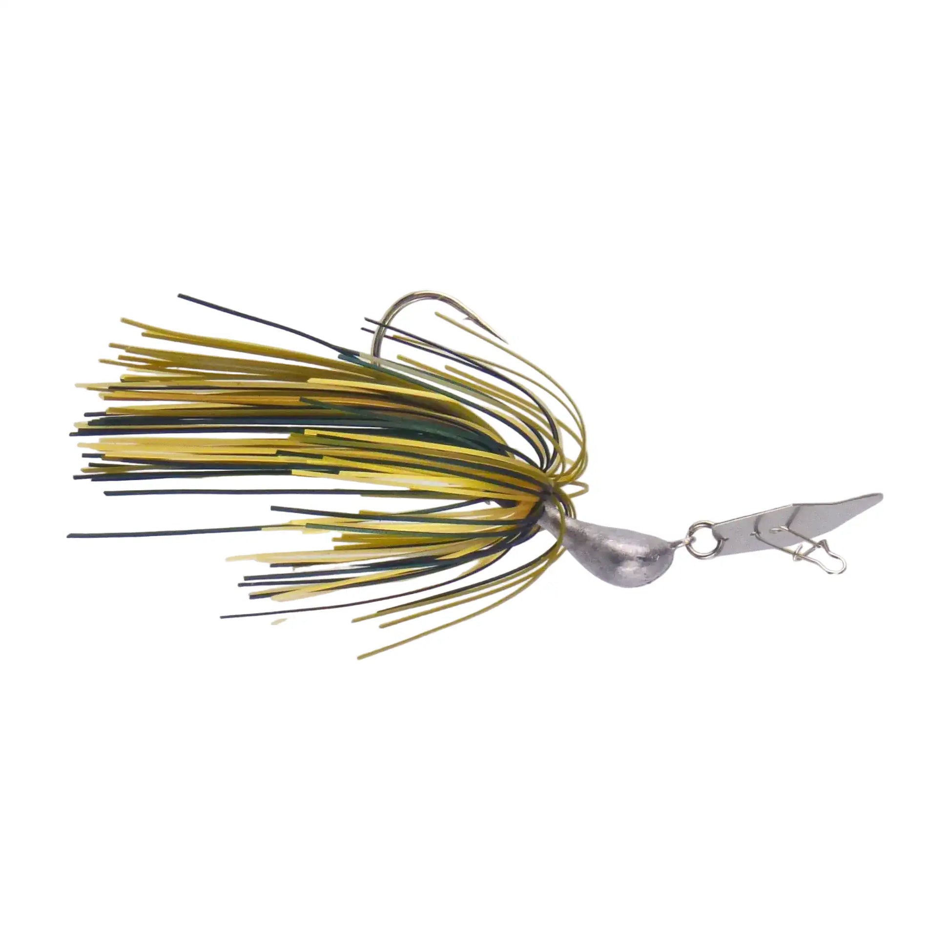 Camo green bladed swim jig with silver spinner blade and olive-yellow skirt