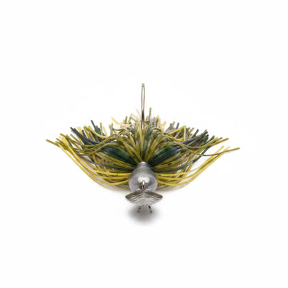 Camo green bladed swim jig with silver double blade and yellow-green skirt