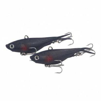 Pair soft plastic lures: dark blue, red patch, fork tail, treble hooks
