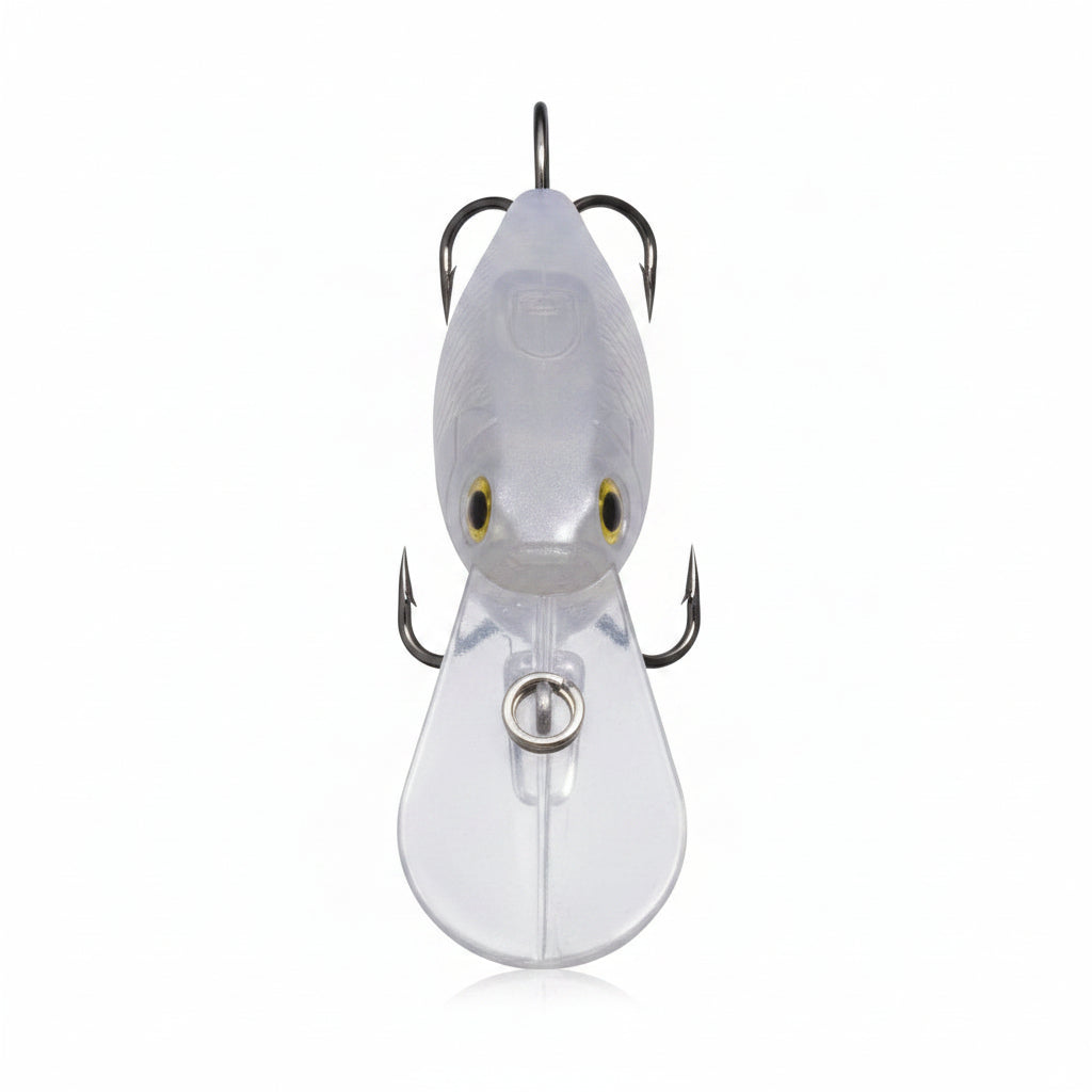 Deep diving crankbait, front view, clear body, yellow eyes, metal lip and two treble hooks