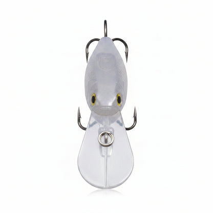 Deep diving crankbait, front view, clear body, yellow eyes, metal lip and two treble hooks