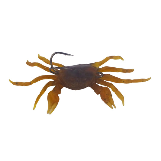 Soft crab fishing lure with dark body and orange-brown legs on a single hook
