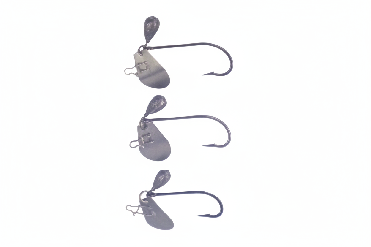 3-pack blade jig heads with dark gray blades and straight-shank hooks
