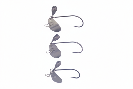 3-pack blade jig heads with dark gray blades and straight-shank hooks