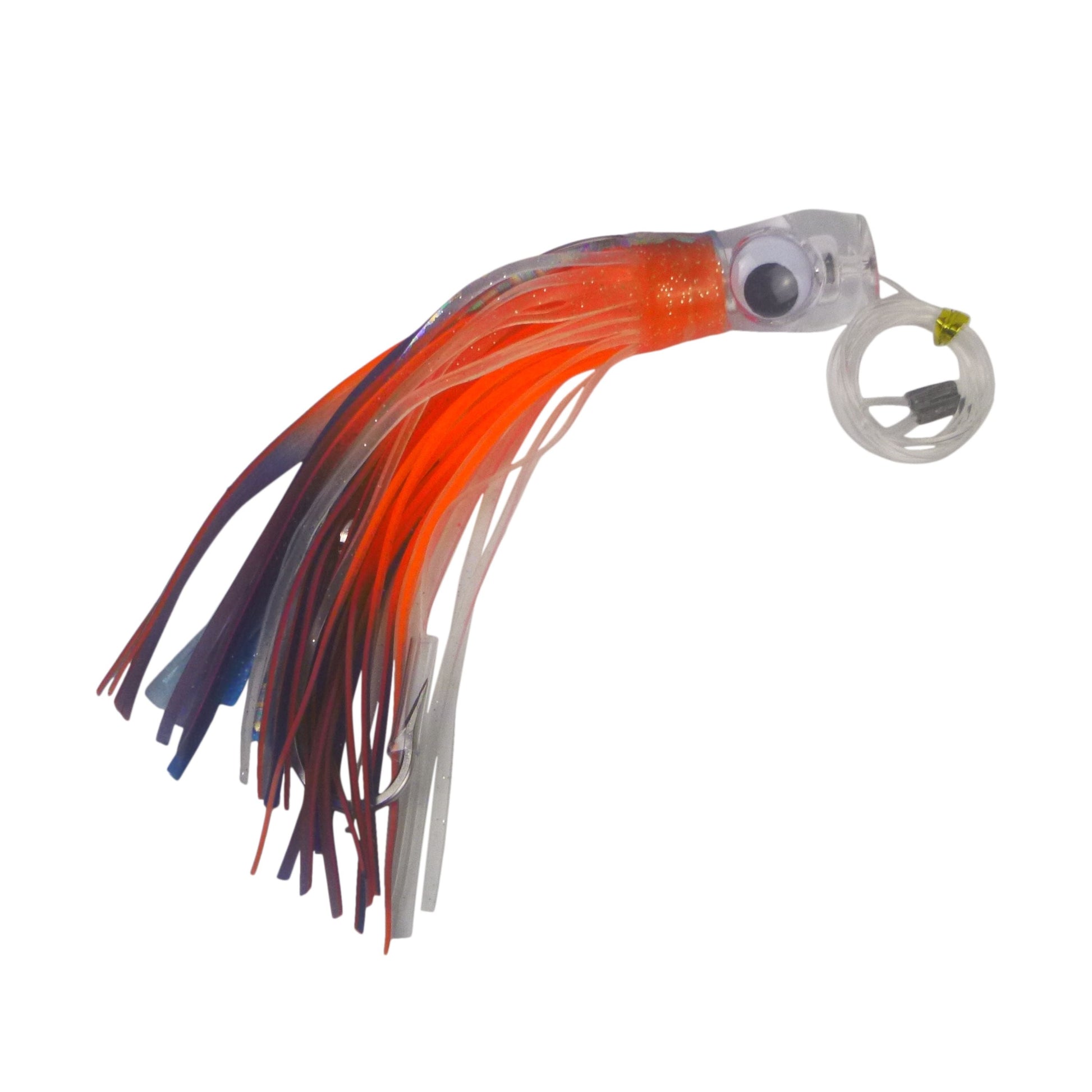 Skirted trolling lure with clear head, round eye, orange and dark blue skirt