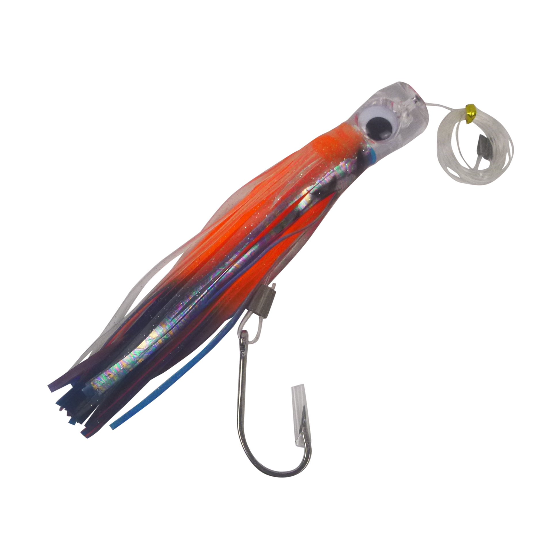 Skirted trolling lure with clear head, round eye, orange-blue multicolor skirt, hook
