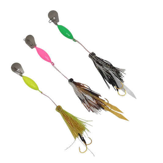 Three micro fishing jigs with feathered hooks, pink, green and gold lures