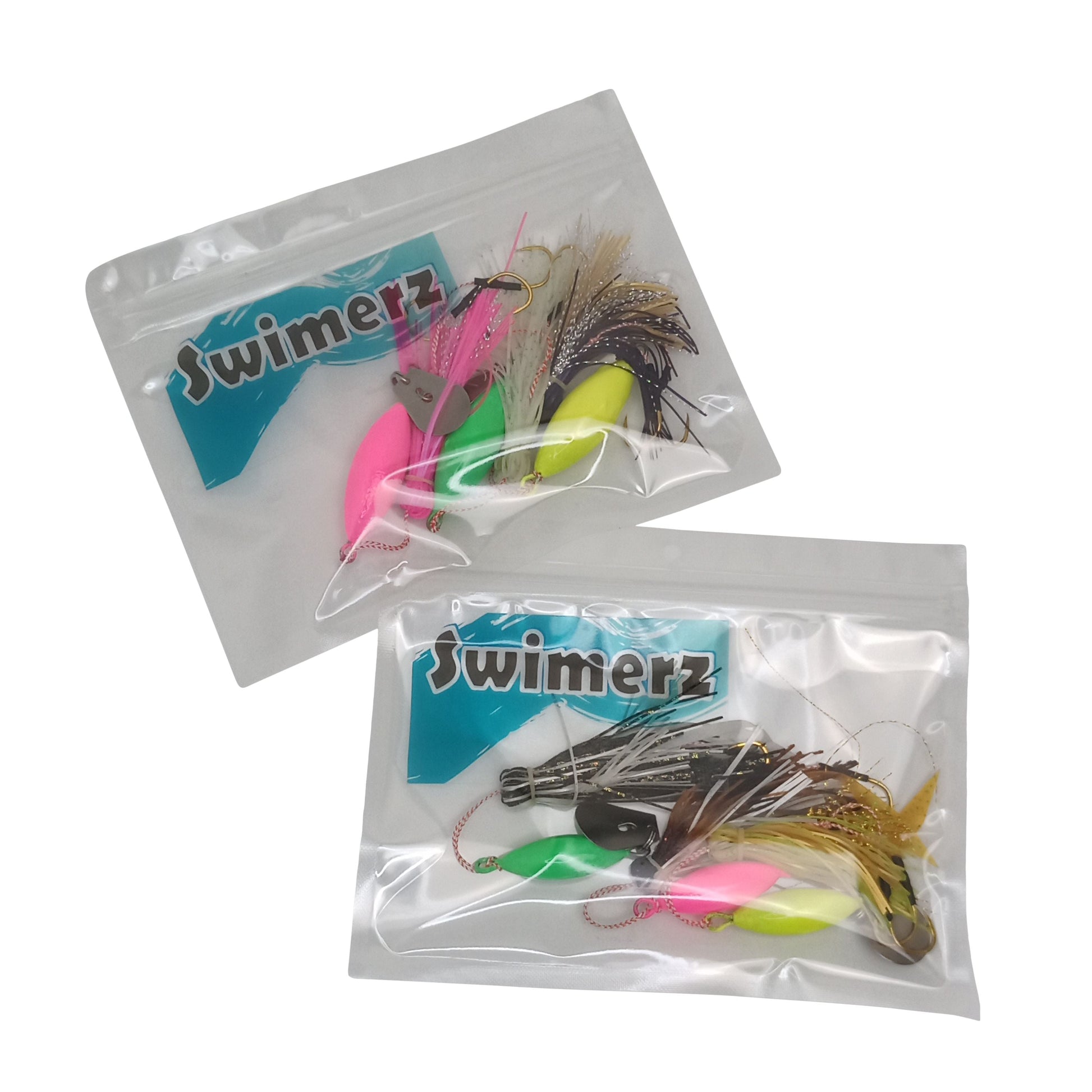 Three-pack micro jigs in clear bags with Swimerz logo, mixed black, pink and green