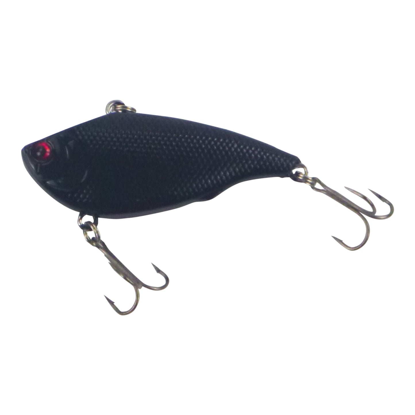 Lipless crankbait lure, dark body with red eyes and two treble hooks