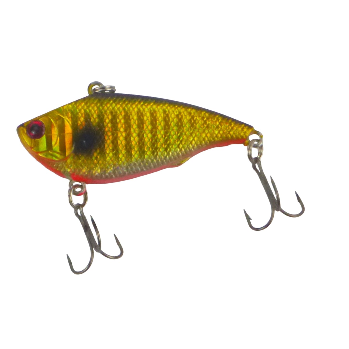 Lipless crankbait in gold and yellow with red accents, two treble hooks