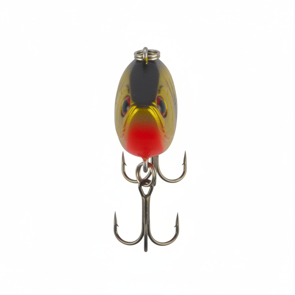 Lipless crankbait with gold top and red underside, front treble hooks