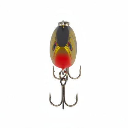 Lipless crankbait with gold top and red underside, front treble hooks