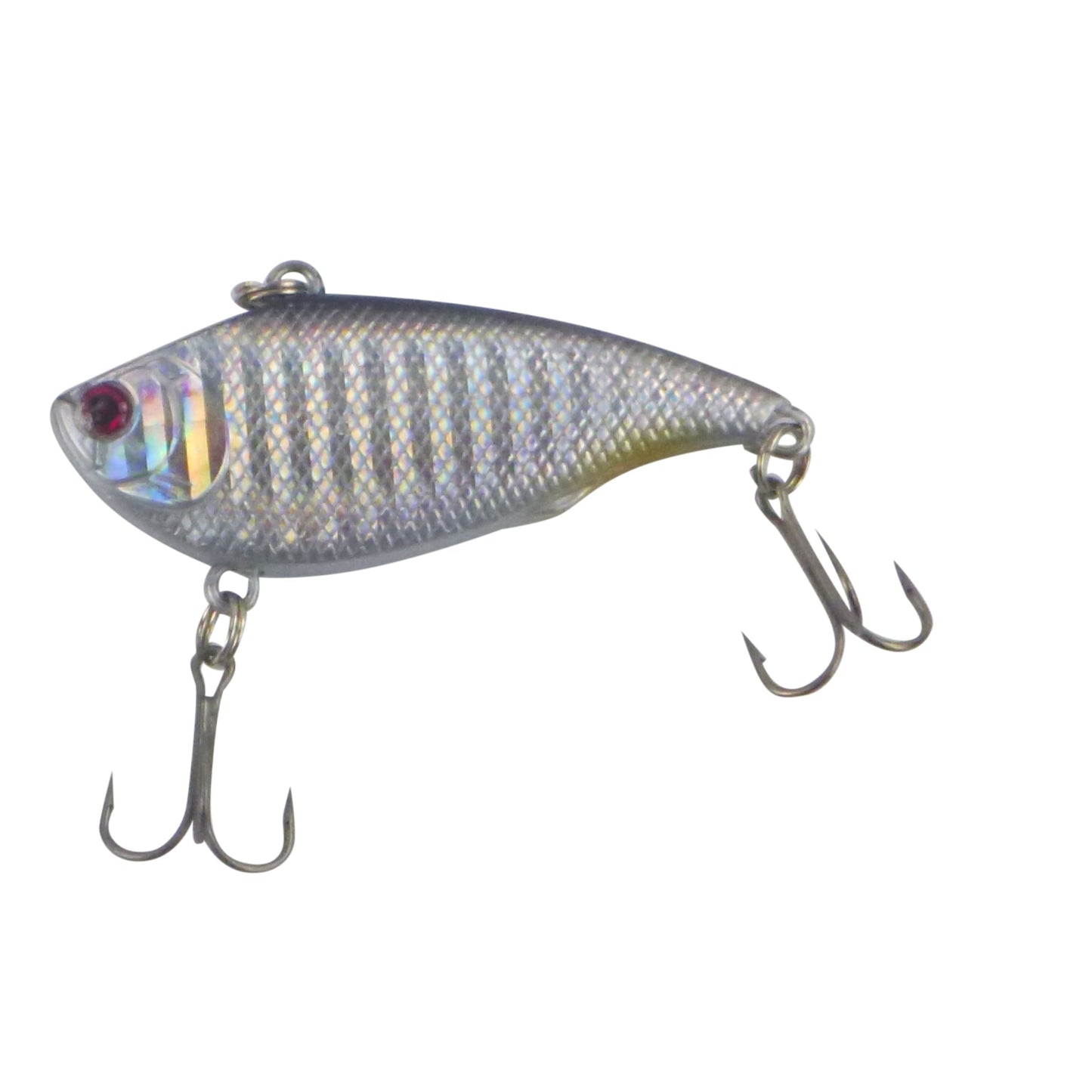 Lipless crankbait lure in iridescent silver-gray with red eye and two treble hooks