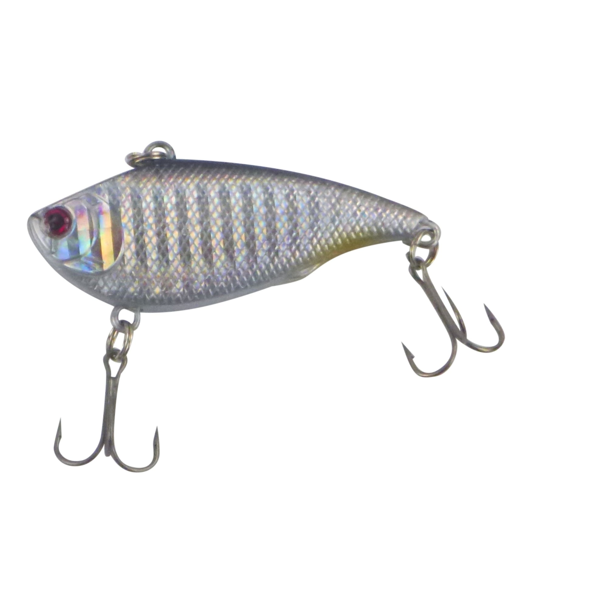 Lipless crankbait lure in iridescent silver-gray with red eye and two treble hooks