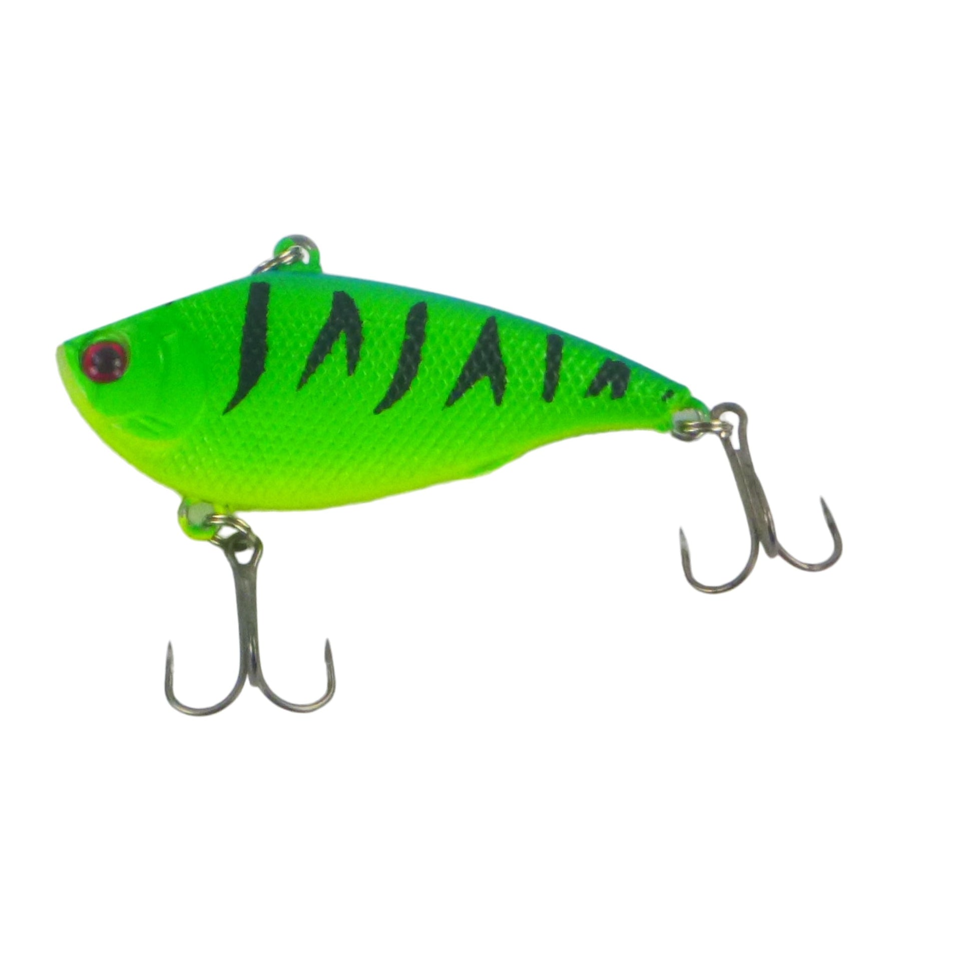 Lime green lipless crankbait with black stripe pattern and two treble hooks