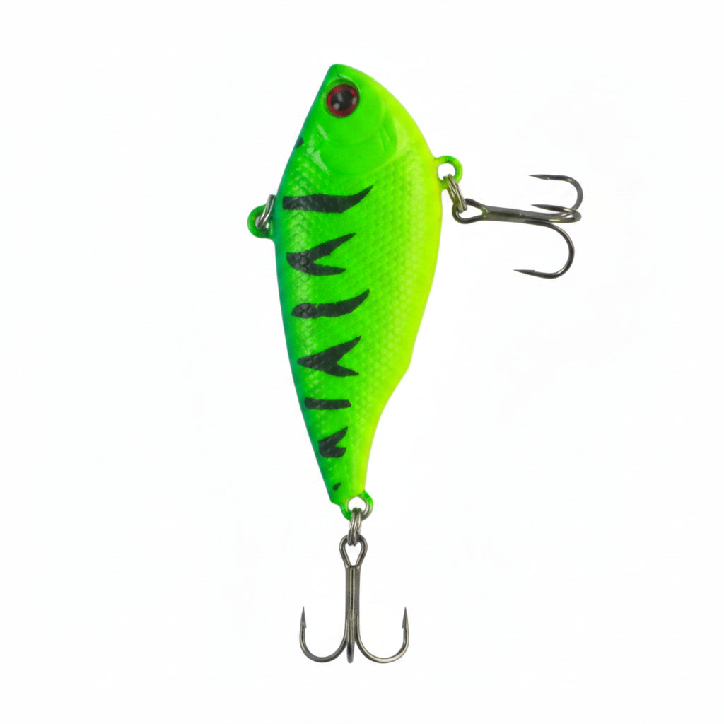 Lime green lipless crankbait, side view, black stripes and two treble hooks