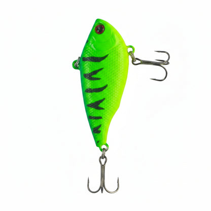 Lime green lipless crankbait, side view, black stripes and two treble hooks