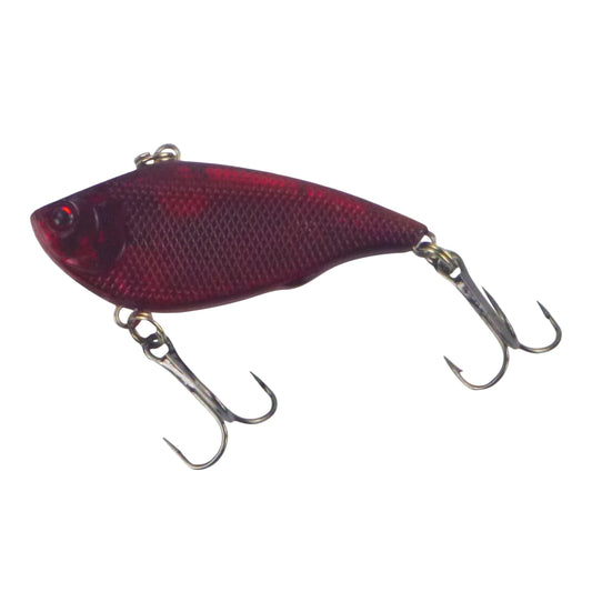 Opaque red lipless crankbait with two treble hooks and metal attachment rings.