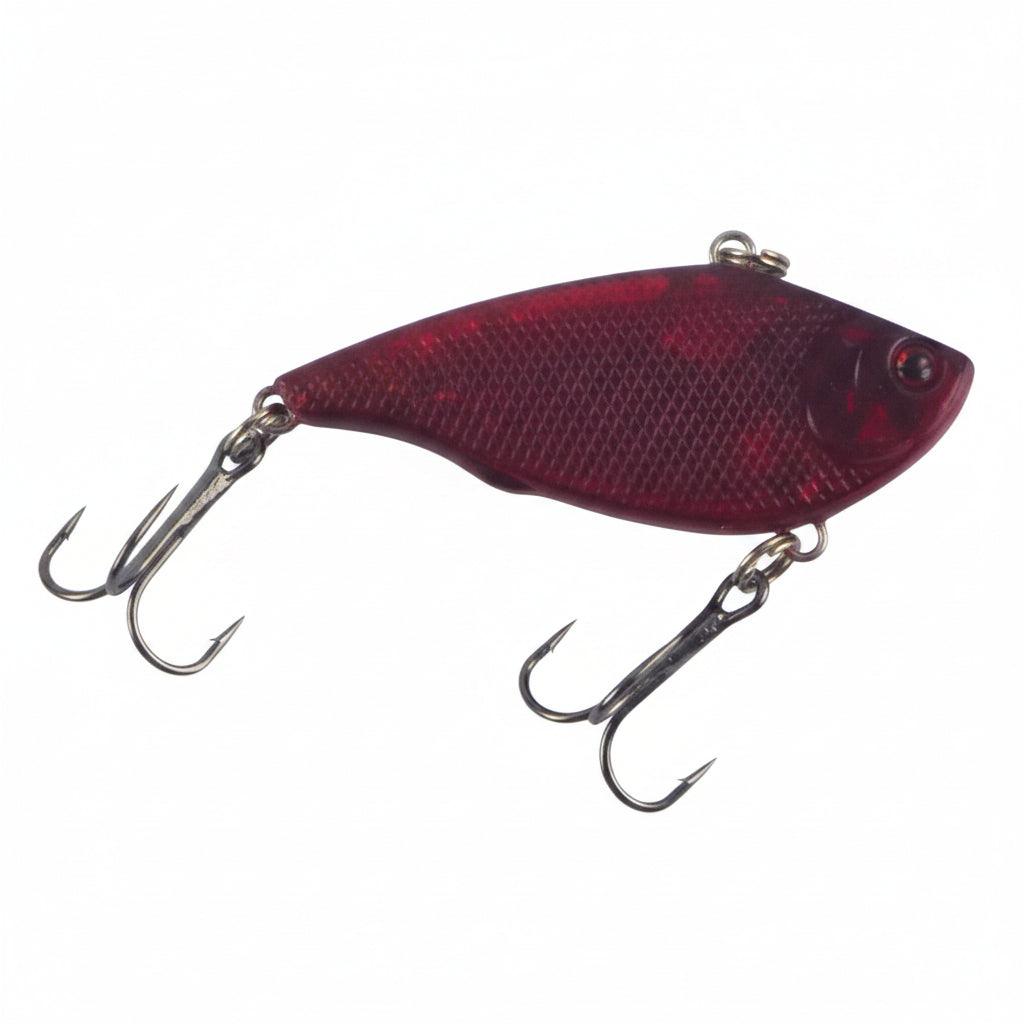 Opaque red lipless crankbait profile with two treble hooks and a top attachment ring.
