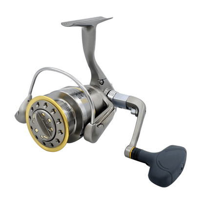 Ryobi Excia spinning reel with grey frame, gold spool, and right-side handle