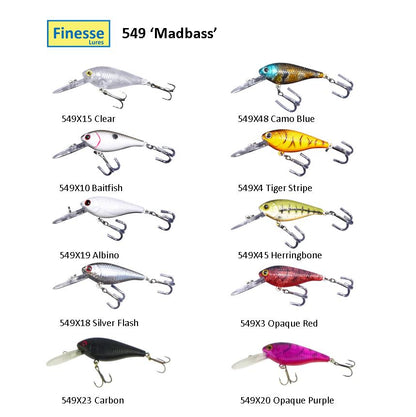 Finesse 549 lure color card showing multiple crankbaits, including opaque purple