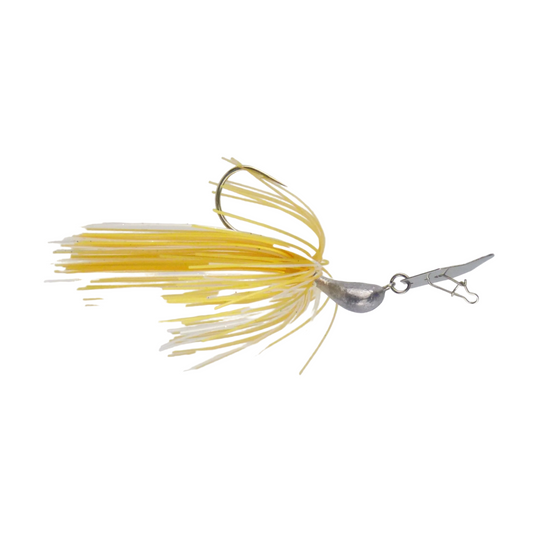 Yellow-and-gold bladed swim jig with skirt, spinner blade, and hook hardware