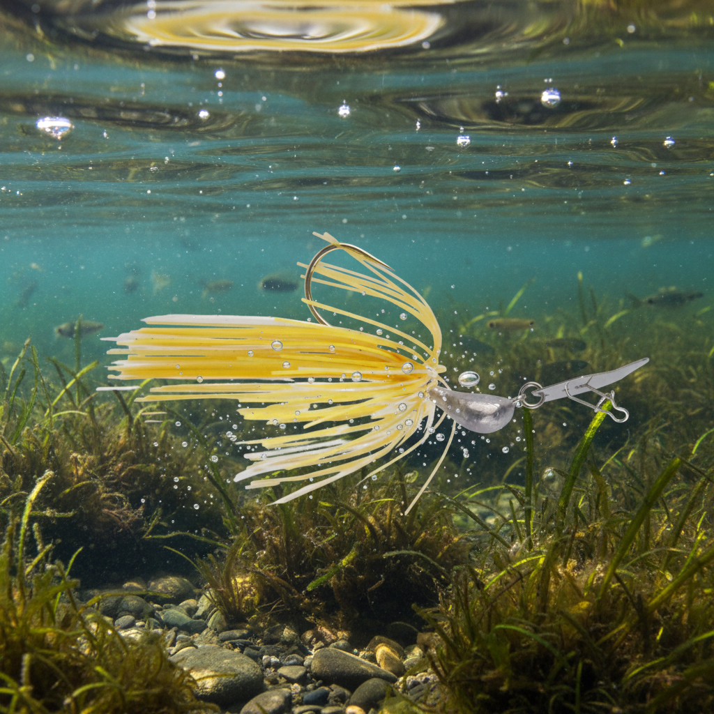 Yellow-and-gold bladed swim jig with skirt and metal blade swimming underwater