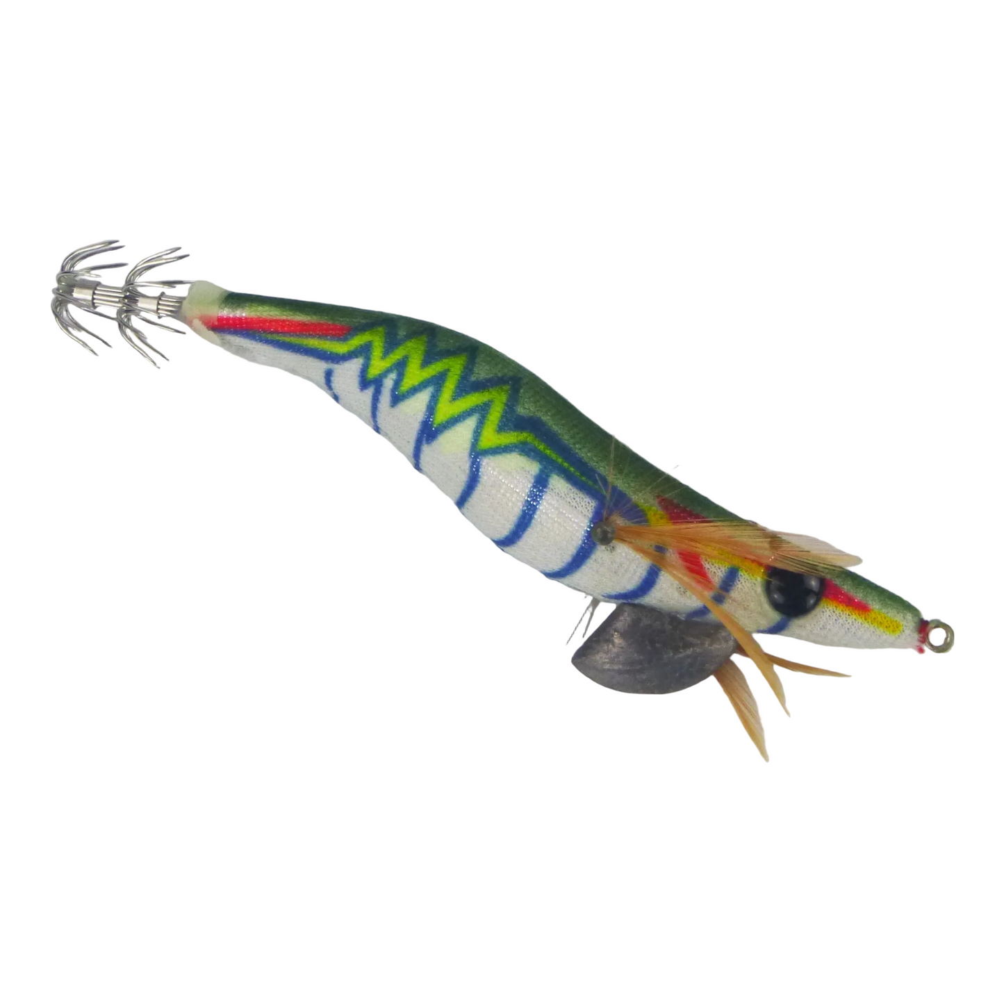 Green, blue & red striped squid jig with side hooks and tentacle skirt