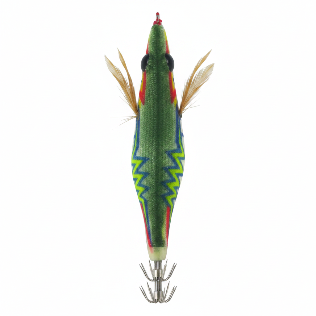 Green striped squid jig with red accents, feather tail, and double hook