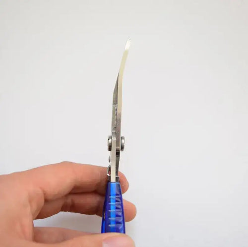 Blue-handled fishing line cutter pliers viewed from side