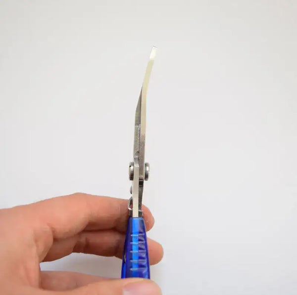 Blue-handled fishing line cutter pliers viewed from side