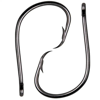 Two circle fishing hooks, barbed points, dark steel finish, closed eyes