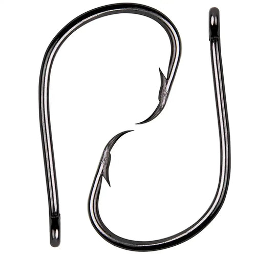 Two circle fishing hooks, barbed points, dark steel finish, closed eyes