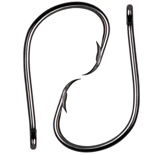Two circle fishing hooks, barbed points, dark steel finish, closed eyes