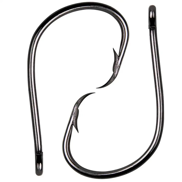 Two circle fishing hooks, barbed points, dark steel finish, closed eyes
