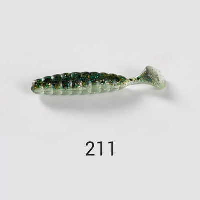 Artificial silicone ribbed grub swimbait, translucent green with dark speckles and tail fin