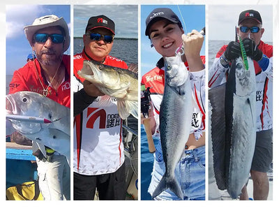 Noeby topwater lure featuring a fish-catch montage with multiple anglers holding fish