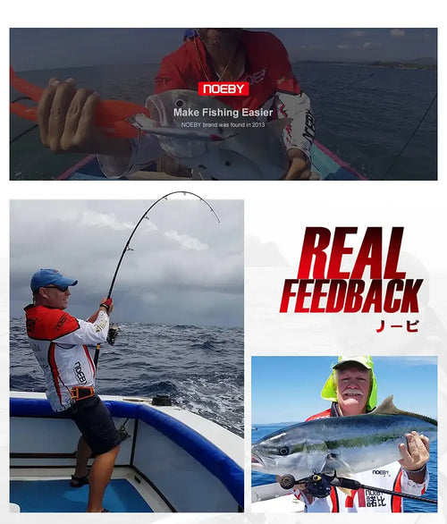 Fishing lure promotional banner with anglers holding catches and a Noeby logo