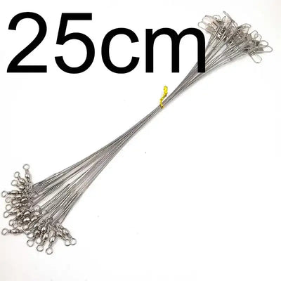 Silver steel fishing wire leader set with swivels, bundled leaders, about 25 cm length.