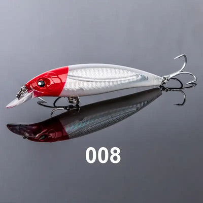 Red and silver floating minnow jerkbait with white belly, red eye, treble hooks
