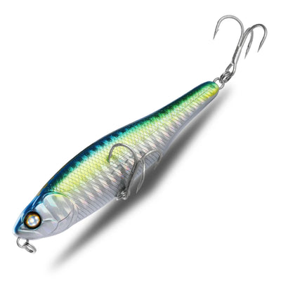 Topwater pencil fishing lure with dark blue and chartreuse-green finish, treble hooks and split ring